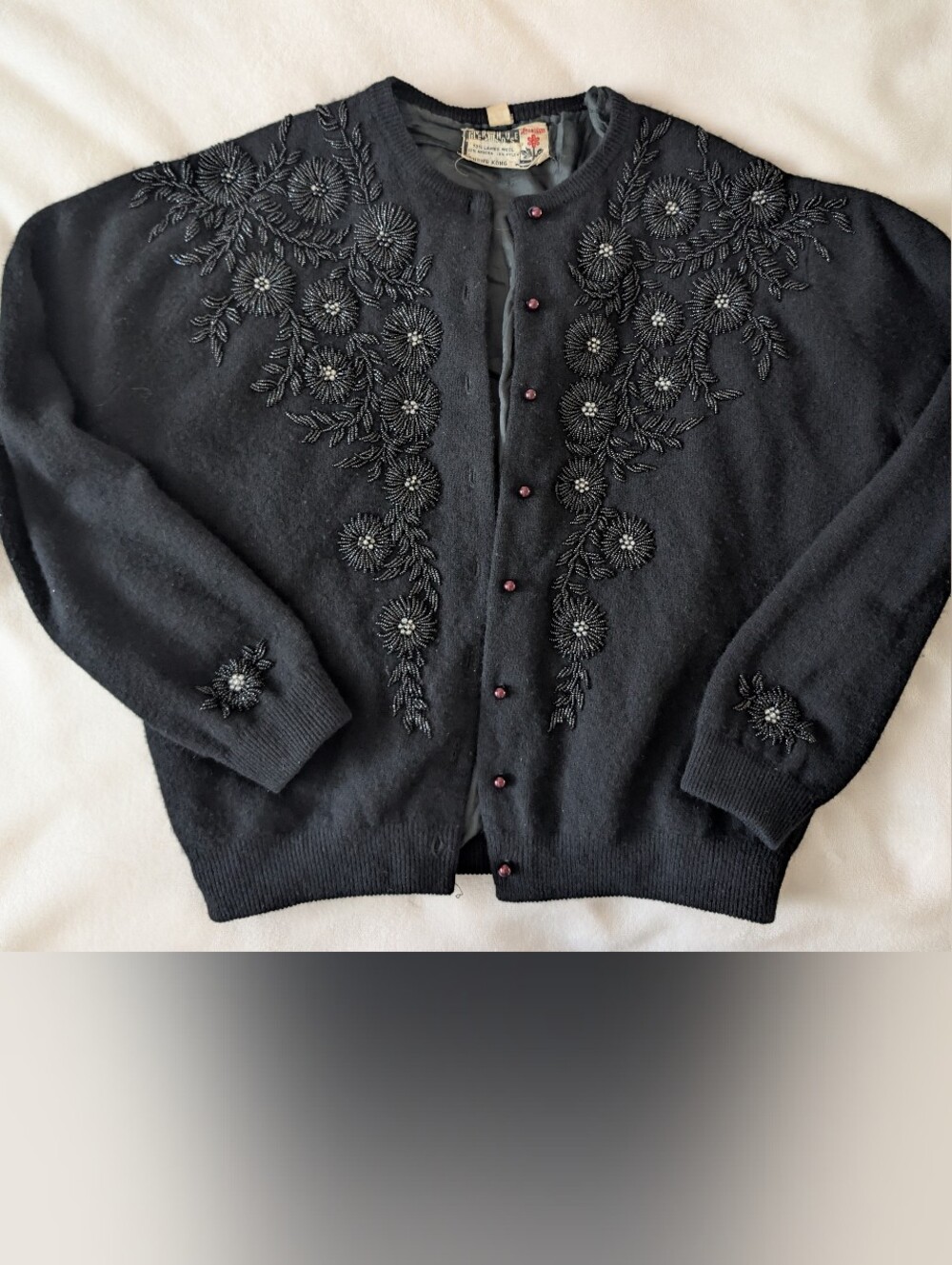 Vintage Wool Black Beaded Floral Embroidered Cardigan - Picture 1 of 8